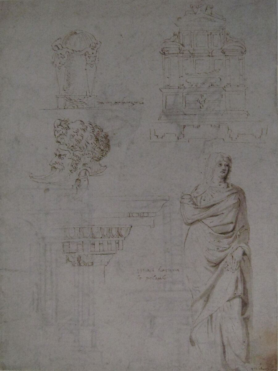 Sketches of a Funeral Monument, a Niche with Statues, a Helmet in the Shape of a Human Head, an Entablature and a Female Statue, After Michelangelo Buonarroti (Italian, Caprese 1475–1564 Rome), Pen and brown ink, brush and brown wash, over some traces of leadpoint