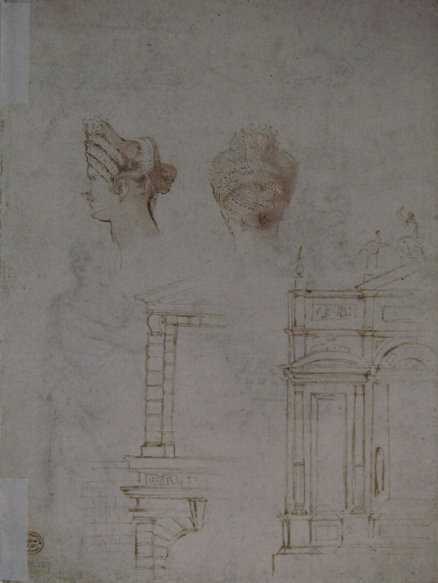 Sketches of a Funeral Monument, a Niche with Statues, a Helmet in the Shape of a Human Head, an Entablature and a Female Statue, After Michelangelo Buonarroti (Italian, Caprese 1475–1564 Rome), Pen and brown ink, brush and brown wash, over some traces of leadpoint