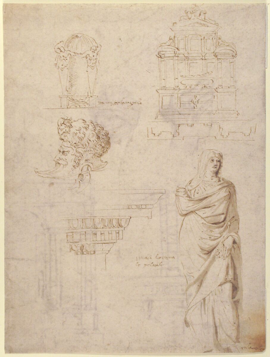 Sketches of a Funeral Monument, a Niche with Statues, a Helmet in the Shape of a Human Head, an Entablature and a Female Statue, After Michelangelo Buonarroti (Italian, Caprese 1475–1564 Rome), Pen and brown ink, brush and brown wash, over some traces of leadpoint