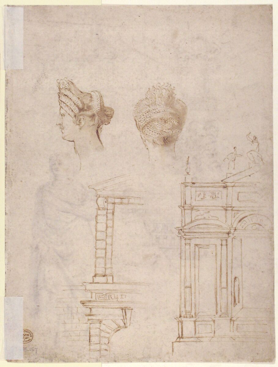 Sketches of a Funeral Monument, a Niche with Statues, a Helmet in the Shape of a Human Head, an Entablature and a Female Statue, After Michelangelo Buonarroti (Italian, Caprese 1475–1564 Rome), Pen and brown ink, brush and brown wash, over some traces of leadpoint
