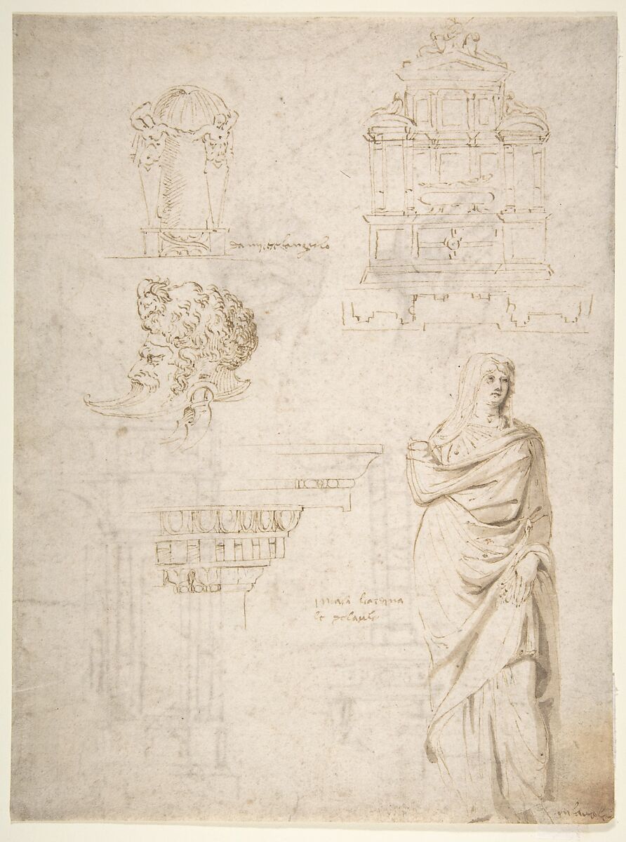 Sketches of a Funeral Monument, a Niche with Statues, a Helmet in the Shape of a Human Head, an Entablature and a Female Statue, After Michelangelo Buonarroti (Italian, Caprese 1475–1564 Rome), Pen and brown ink, brush and brown wash, over some traces of leadpoint 
