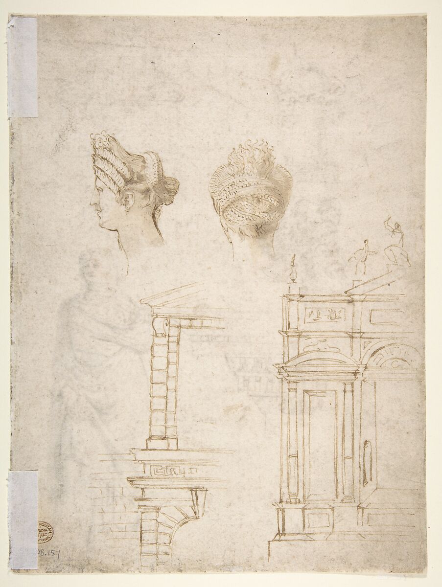 Sketches of a Funeral Monument, a Niche with Statues, a Helmet in the Shape of a Human Head, an Entablature and a Female Statue, After Michelangelo Buonarroti (Italian, Caprese 1475–1564 Rome), Pen and brown ink, brush and brown wash, over some traces of leadpoint
