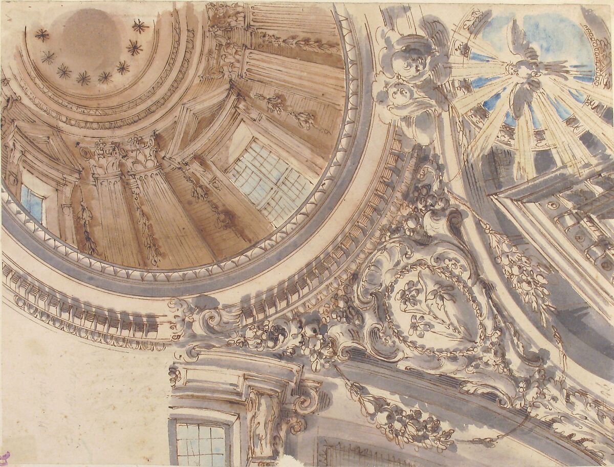 Design for Part of a Church Ceiling with a Dome, Faustino Trebbi (Italian, Budrio [Bologna] 1761–1836 Bologna), Pen and Ink with gray, blue and brown wash