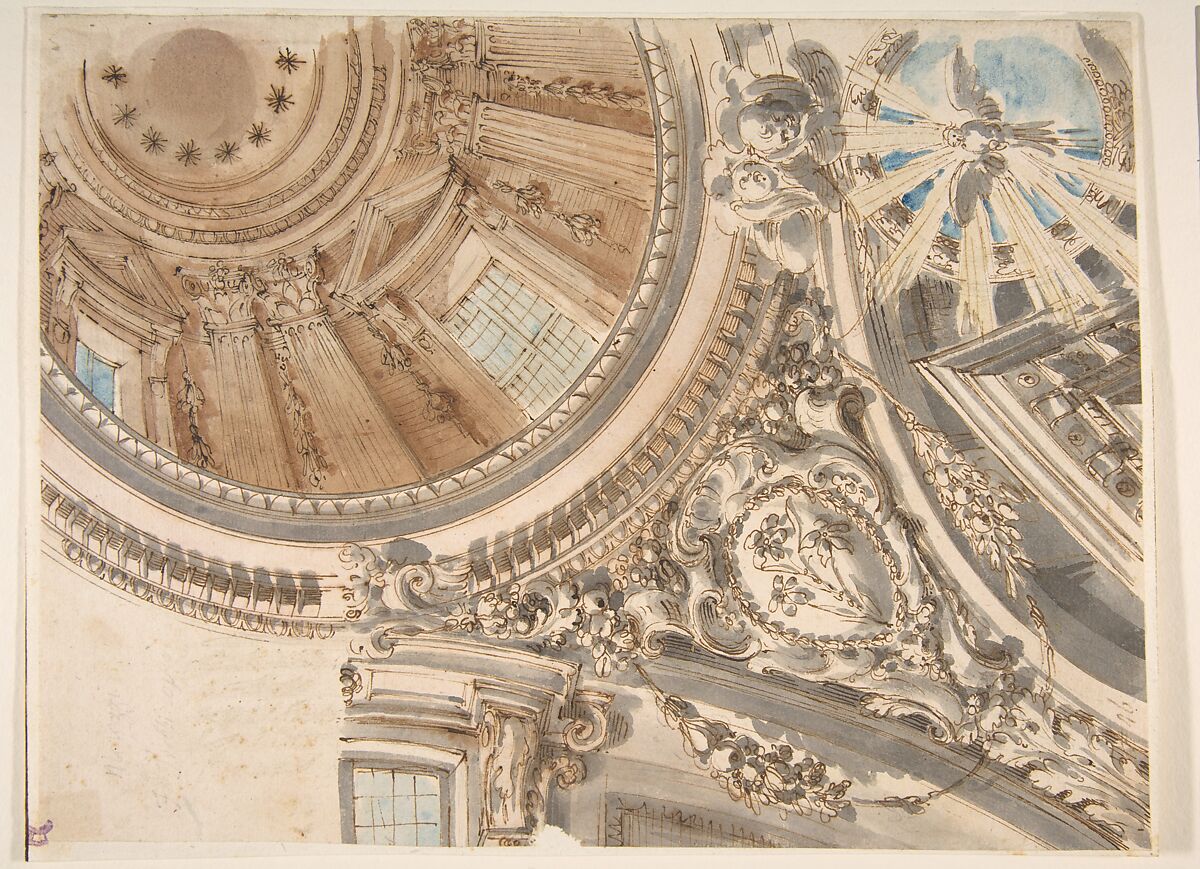 Design for Part of a Church Ceiling with a Dome, Faustino Trebbi (Italian, Budrio [Bologna] 1761–1836 Bologna), Pen and Ink with gray, blue and brown wash 