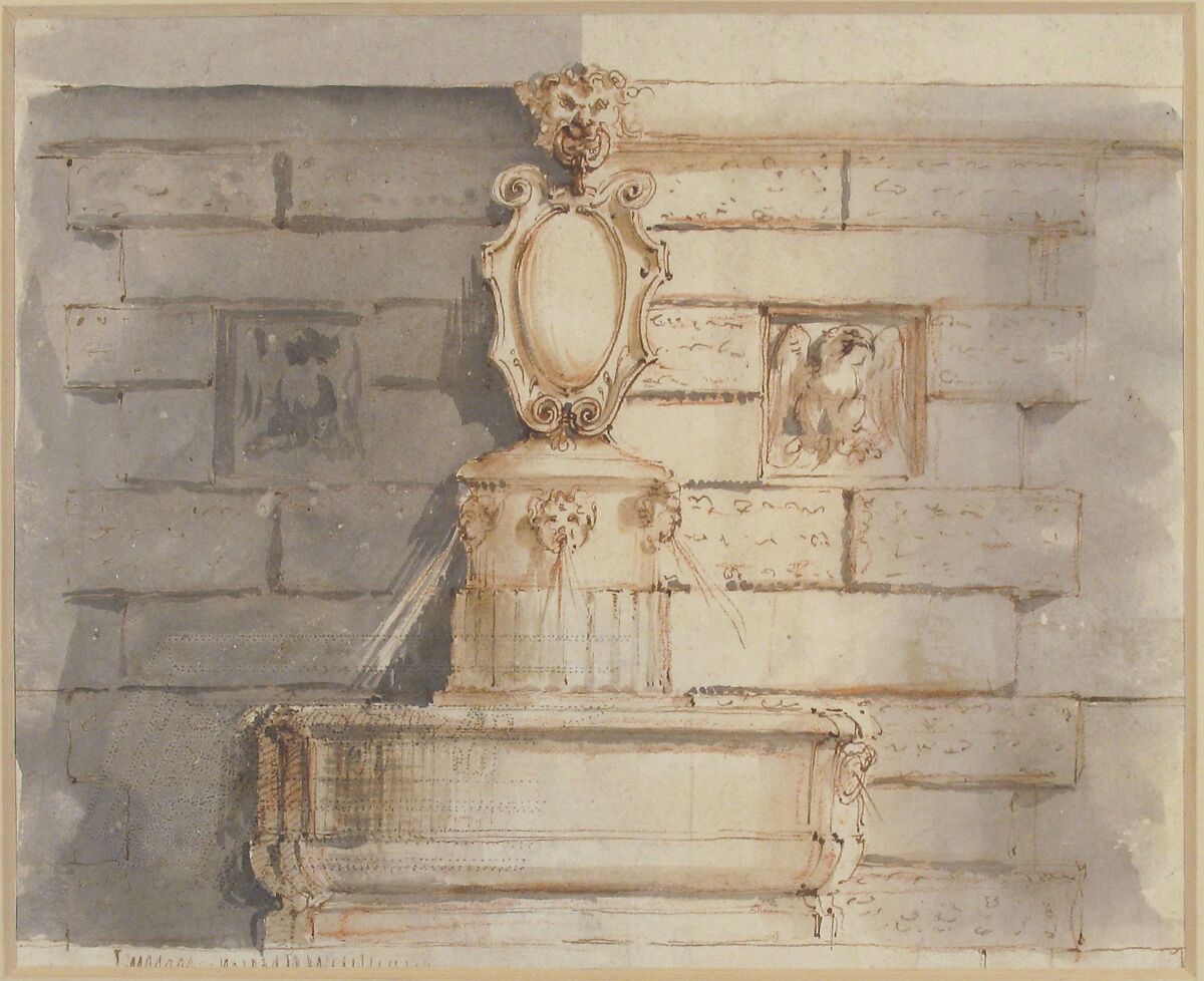 Design for a Fountain at a Street Corner Decorated with Putti Heads, a Coat of Arm and a Gargoyle Head on the Top, Flaminio Innocenzo Minozzi (Italian, Bologna 1735–1817 Bologna), Pen and brown ink, brush and brown and gray wash over traces of red chalk