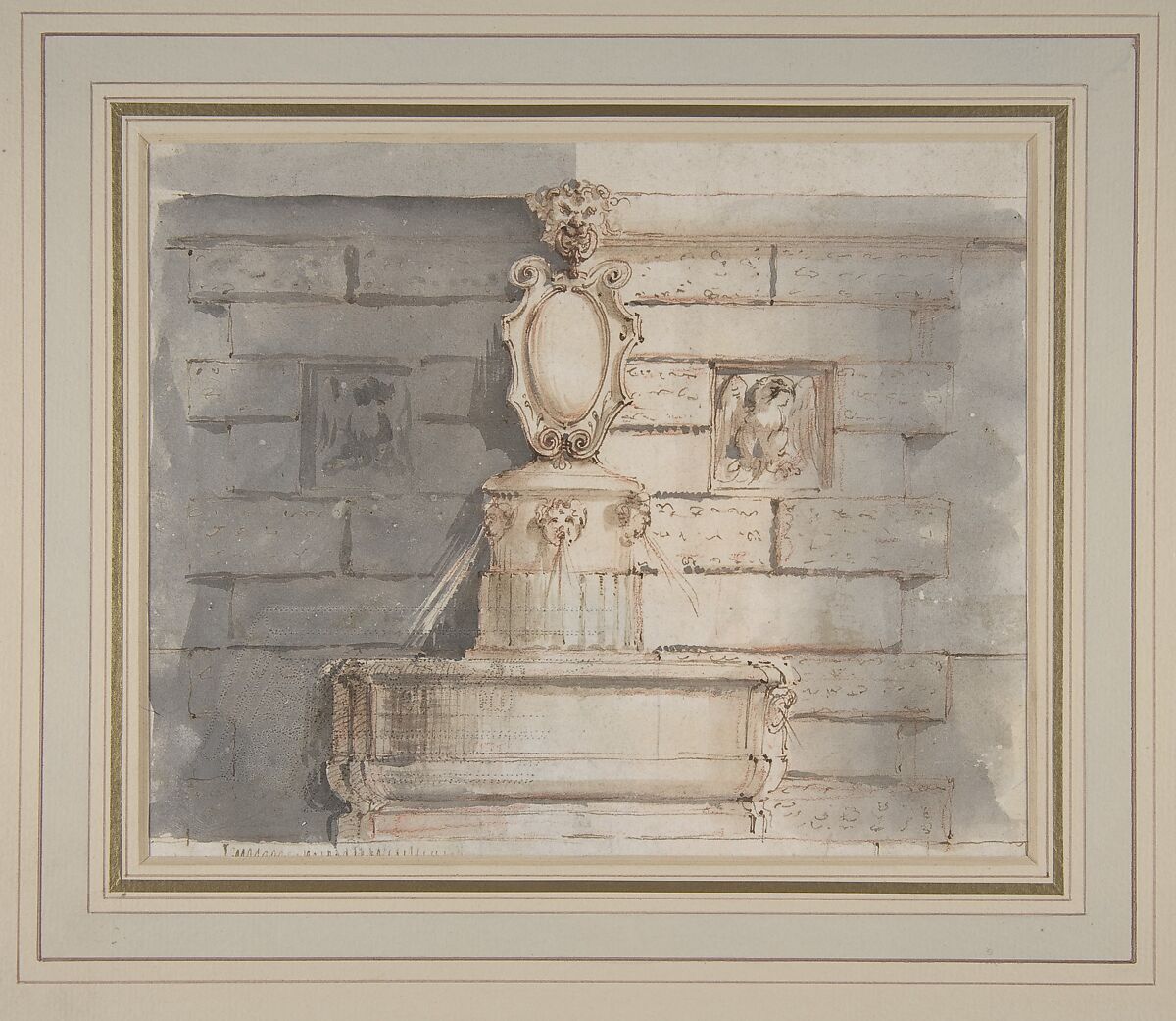 Design for a Fountain at a Street Corner Decorated with Putti Heads, a Coat of Arm and a Gargoyle Head on the Top, Flaminio Innocenzo Minozzi (Italian, Bologna 1735–1817 Bologna), Pen and brown ink, brush and brown and gray wash over traces of red chalk 