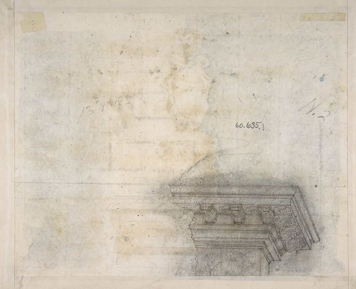 Design for a Fountain at a Street Corner Decorated with Putti Heads, a Coat of Arm and a Gargoyle Head on the Top, Flaminio Innocenzo Minozzi (Italian, Bologna 1735–1817 Bologna), Pen and brown ink, brush and brown and gray wash over traces of red chalk