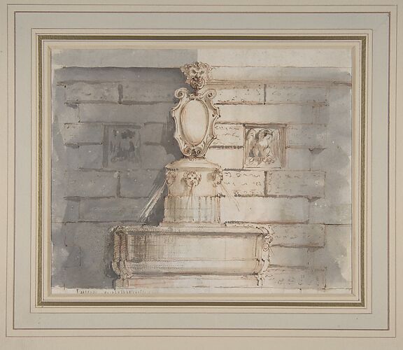 Design for a Fountain at a Street Corner Decorated with Putti Heads, a Coat of Arm and a Gargoyle Head on the Top