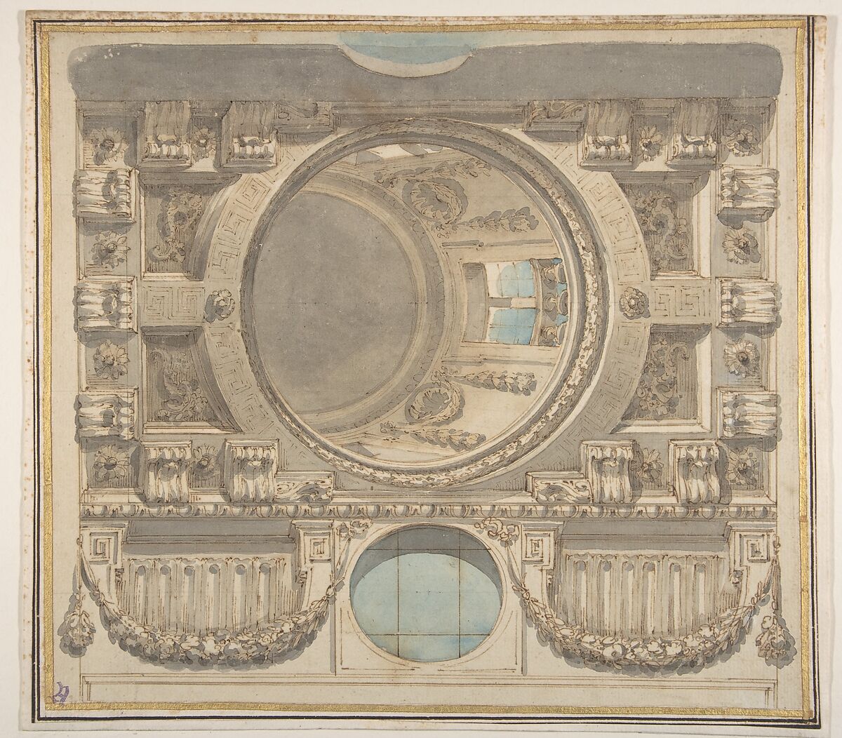 Architectural Design for a Ceiling with a Dome, Flaminio Innocenzo Minozzi (Italian, Bologna 1735–1817 Bologna), Pen and brown ink, brush and brown wash, gray and blue wash over traces of leadpoint 
