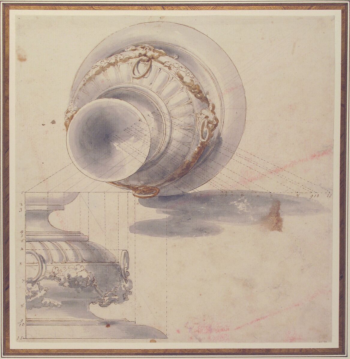 Design of a Perspective projection for an Urn, Attributed to Flaminio Innocenzo Minozzi (Italian, Bologna 1735–1817 Bologna), Pen and brown ink, brush and brown and gray wash over traces of black and red chalk