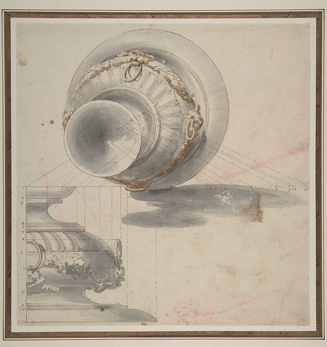 Design of a Perspective projection for an Urn, Attributed to Flaminio Innocenzo Minozzi (Italian, Bologna 1735–1817 Bologna), Pen and brown ink, brush and brown and gray wash over traces of black and red chalk 