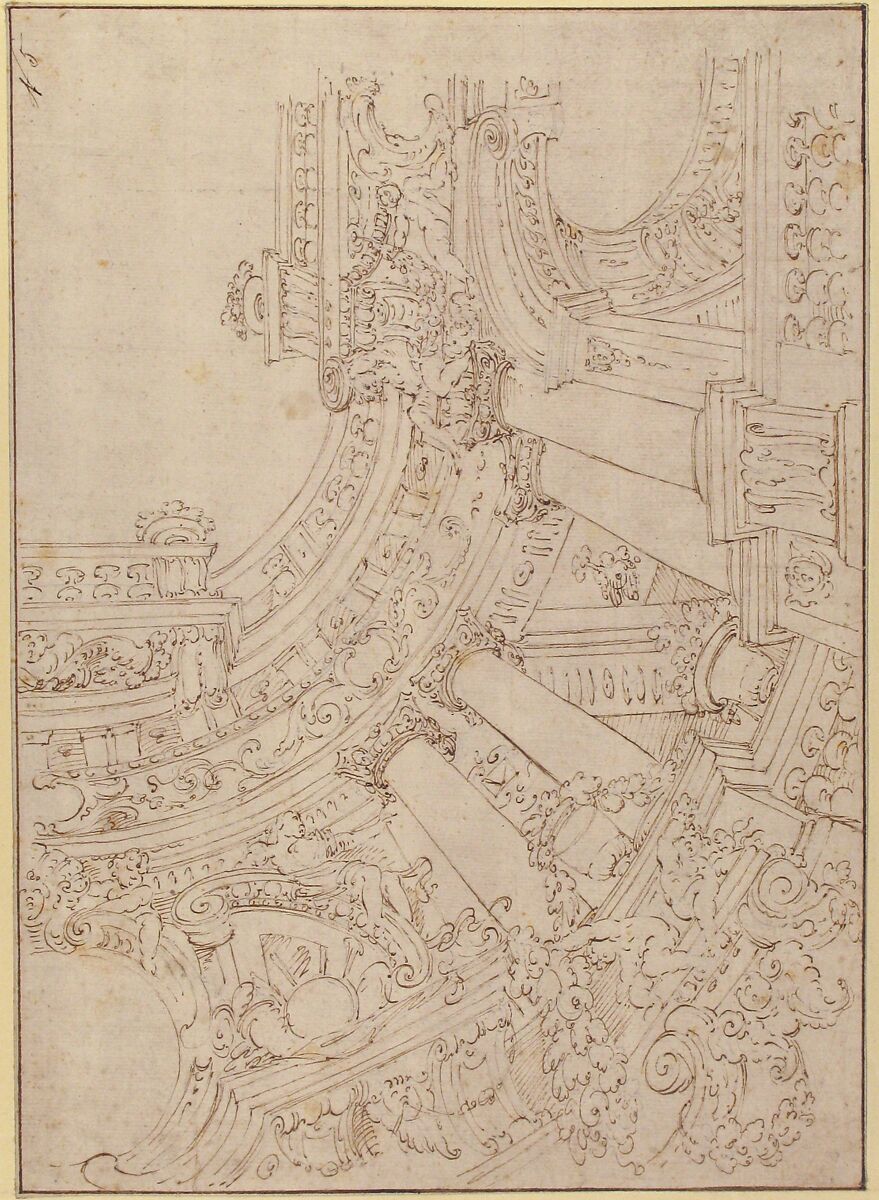 Foreshortened View of a Ceiling Corner Decorated with Columns, Urns and Putti Handing Garlands, Attributed to Agostino (Stanzani) Mitelli (Italian, Battidizzo (Bologna) 1609–1660 Madrid), Pen and brown ink, over traces of leadpoint 