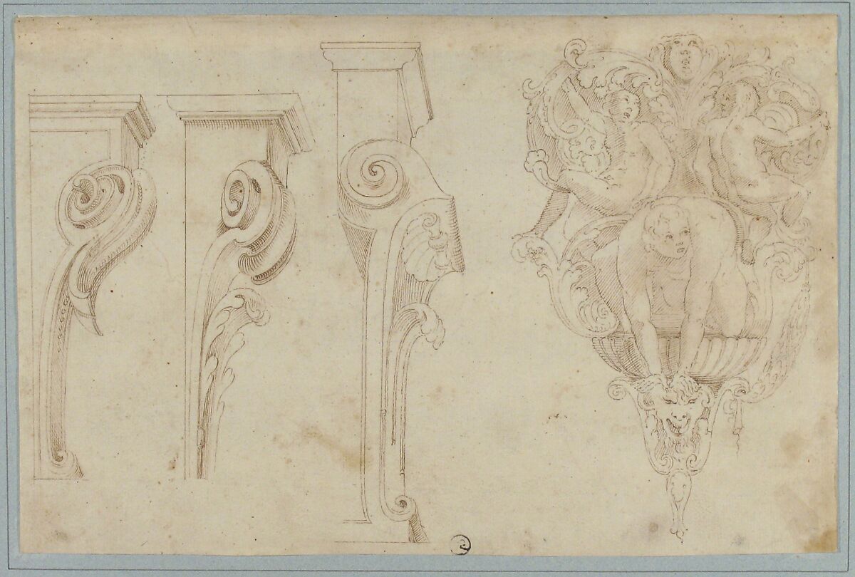 Design for Three Consoles Decorated with Foliage and Volutes and a Console with a Satyr Head Surmounted by Three Human Figures, Garland and Foliage, Attributed to Agostino (Stanzani) Mitelli (Italian, Battidizzo (Bologna) 1609–1660 Madrid), Pen and brown ink over some traces of leadpoint