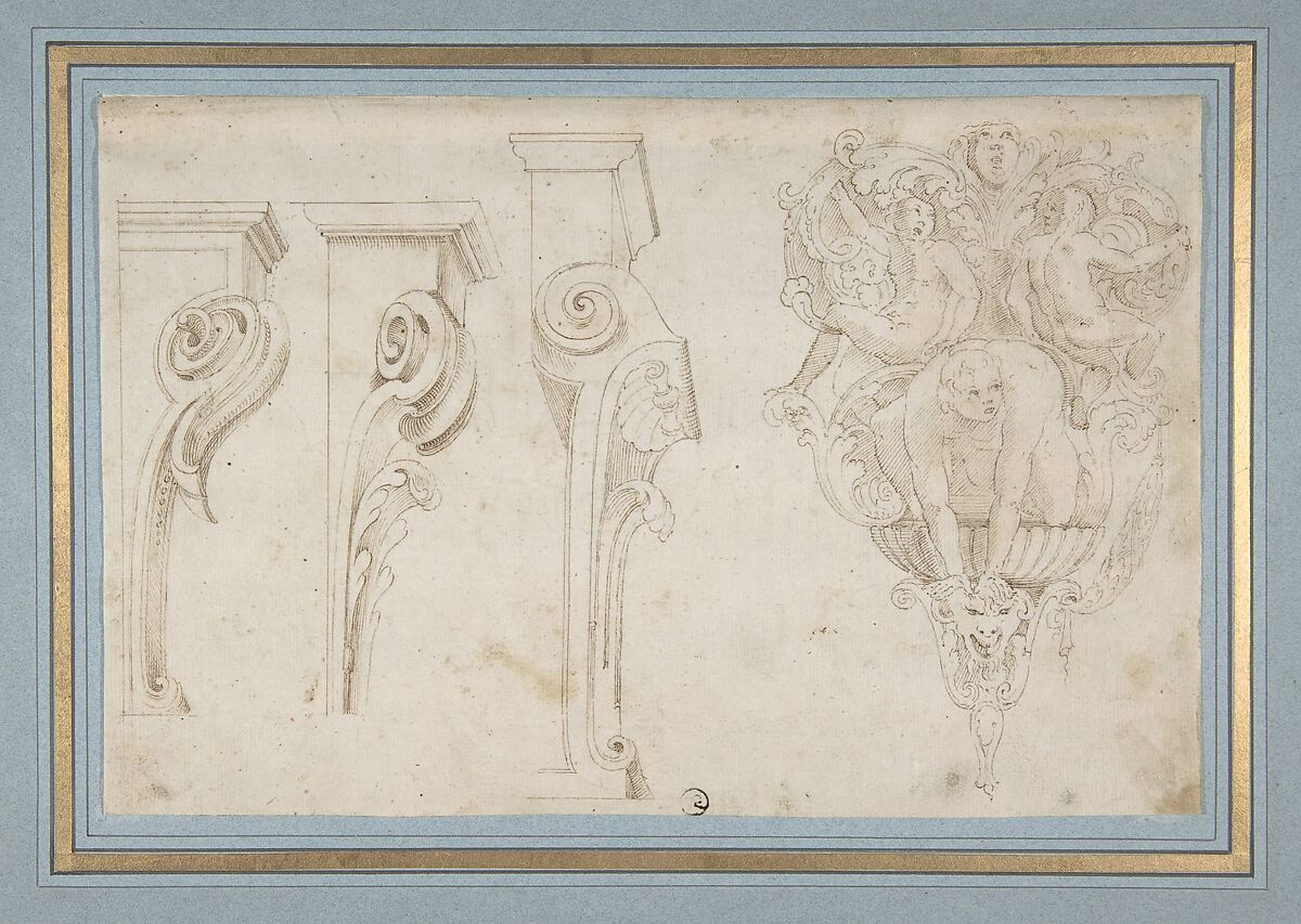 Design for Three Consoles Decorated with Foliage and Volutes and a Console with a Satyr Head Surmounted by Three Human Figures, Garland and Foliage, Attributed to Agostino (Stanzani) Mitelli (Italian, Battidizzo (Bologna) 1609–1660 Madrid), Pen and brown ink over some traces of leadpoint 