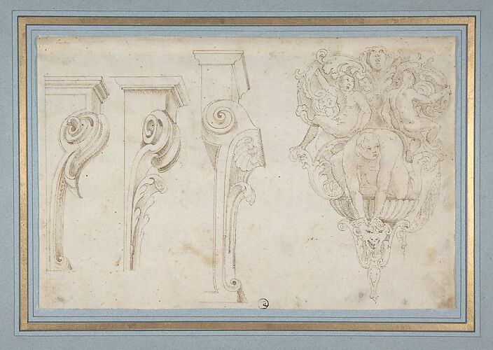Design for Three Consoles Decorated with Foliage and Volutes and a Console with a Satyr Head Surmounted by Three Human Figures, Garland and Foliage