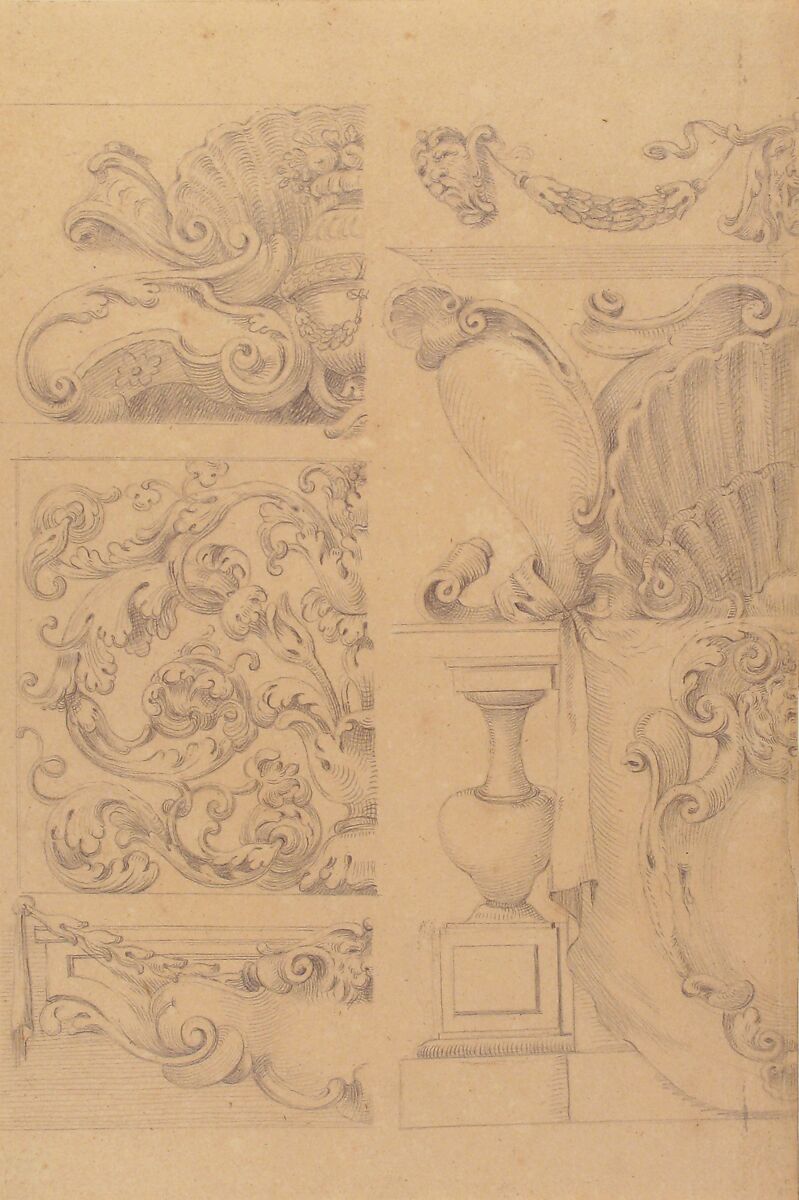 Design for Cartouches Decorated with Sea-Shells, Garlands, Foliage, Volutes and Urns, After Agostino (Stanzani) Mitelli (Italian, Battidizzo (Bologna) 1609–1660 Madrid), Leadpoint
