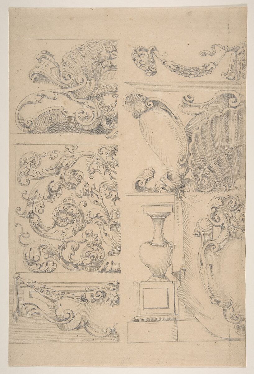 Design for Cartouches Decorated with Sea-Shells, Garlands, Foliage, Volutes and Urns, After Agostino (Stanzani) Mitelli (Italian, Battidizzo (Bologna) 1609–1660 Madrid), Leadpoint 