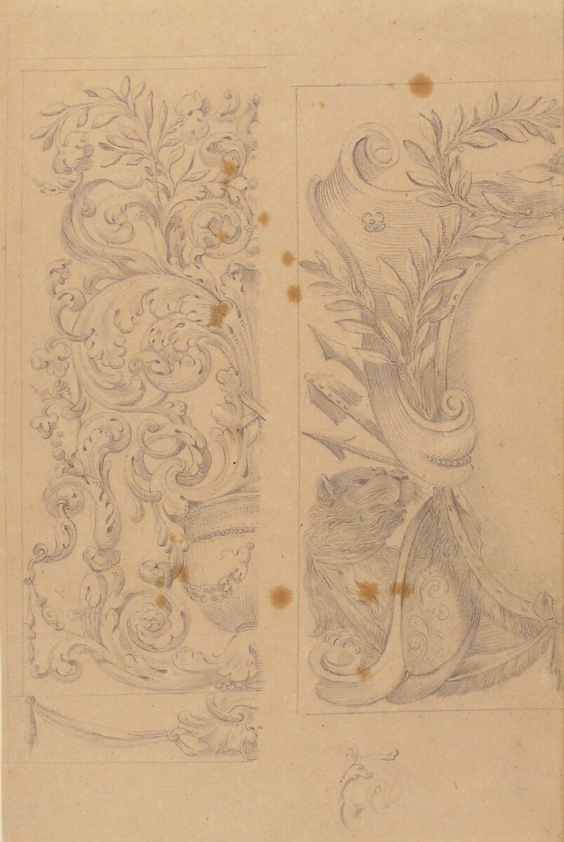 Left Part of the Drawing: Floral Ornaments; Right Part of the Drawing: Half Cartouche Decorated with Leaves, Arms and a Lion, After Agostino (Stanzani) Mitelli (Italian, Battidizzo (Bologna) 1609–1660 Madrid), Leadpoint 