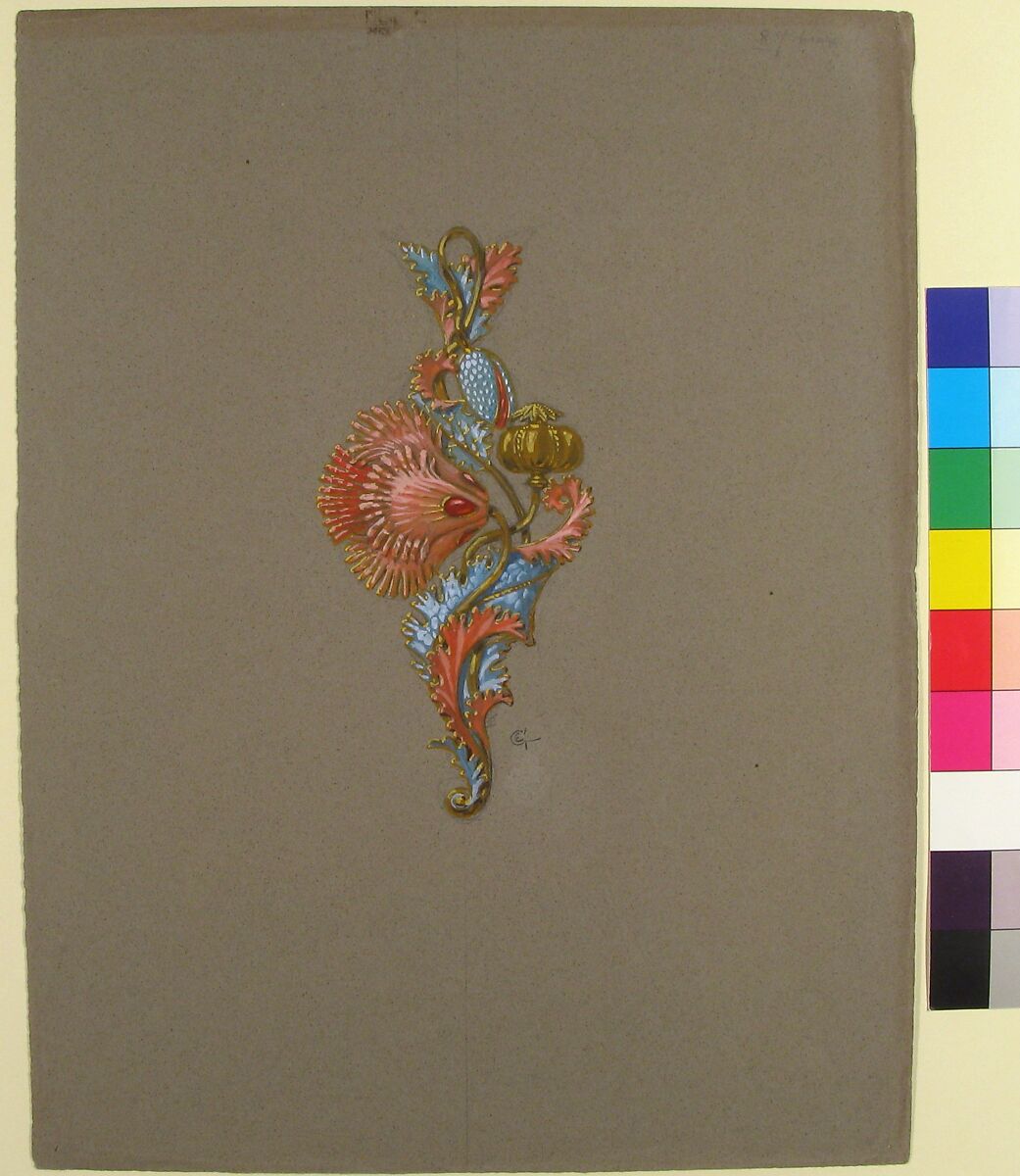 Design for a Pendant, Eugène-Samuel Grasset (French, born Switzerland, Lausanne 1841–1917 Paris), Gouache on dark gray paper