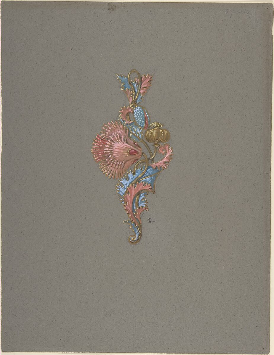 Design for a Pendant, Eugène-Samuel Grasset (French, born Switzerland, Lausanne 1841–1917 Paris), Gouache on dark gray paper 
