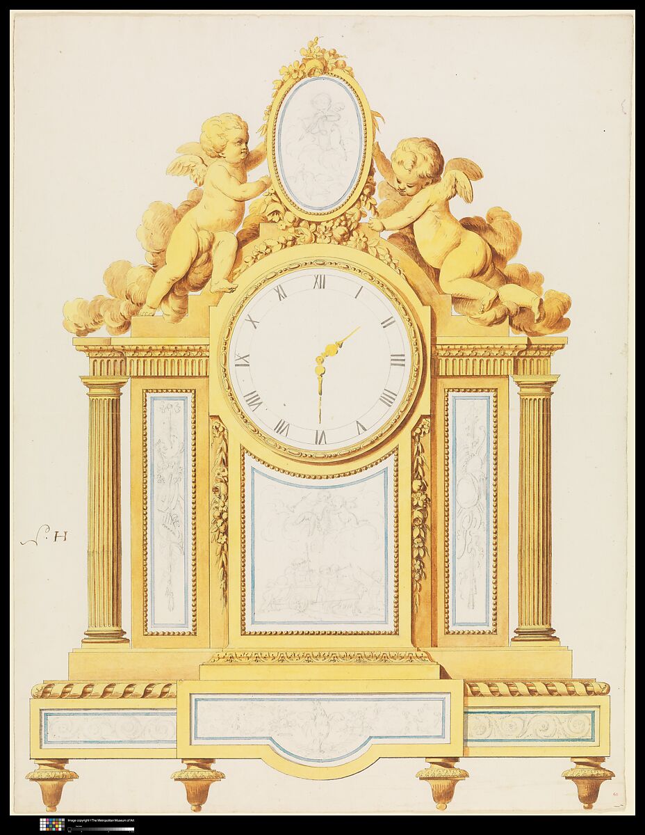 Design for a Neoclassical Clock, Anonymous, French, 18th century, Graphite, pen and black ink, brush and yellow, brown, gray, and blue wash 
