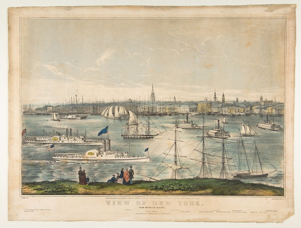 View of New York from Brooklyn Heights, Frances Flora Bond Palmer (American (born England), Leicester 1812–1876 New York), Hand-colored lithograph 