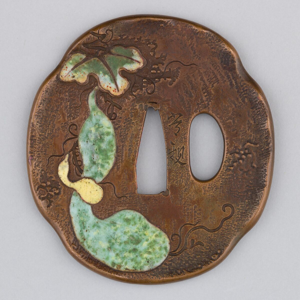 Sword Guard (Tsuba), Copper, enamel, Japanese 