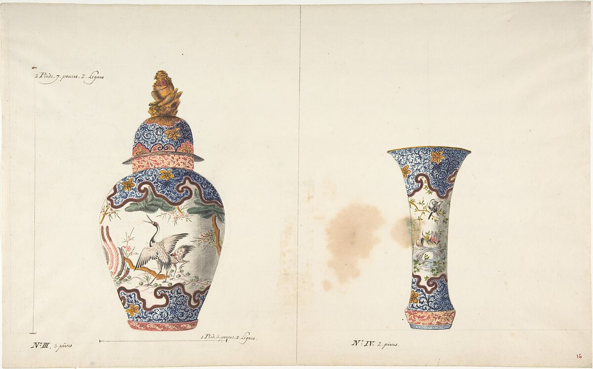 Design for Two Vases, Anonymous, French, 18th century, Pen and brown ink, watercolor, and graphite 