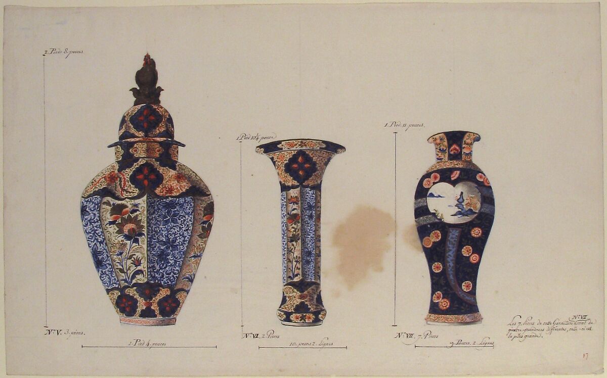 Design for Three Vases, Anonymous, French, 18th century, Pen and brown ink, watercolor, and graphite