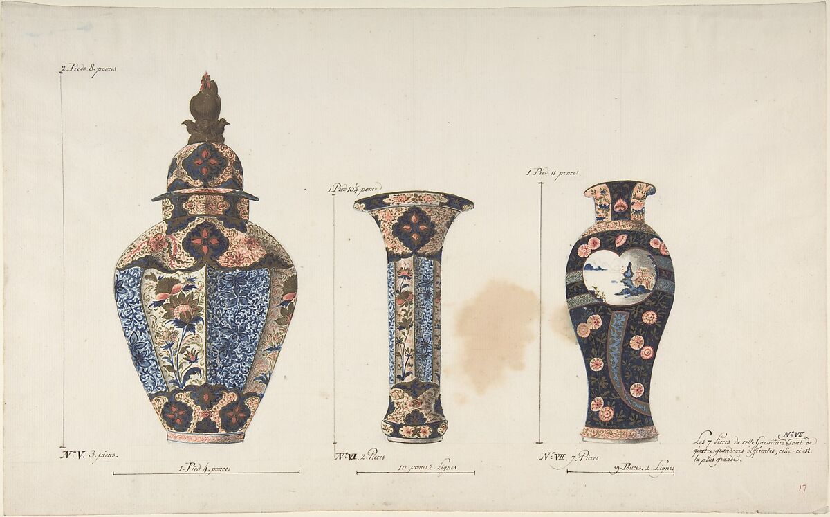 Design for Three Vases, Anonymous, French, 18th century, Pen and brown ink, watercolor, and graphite 