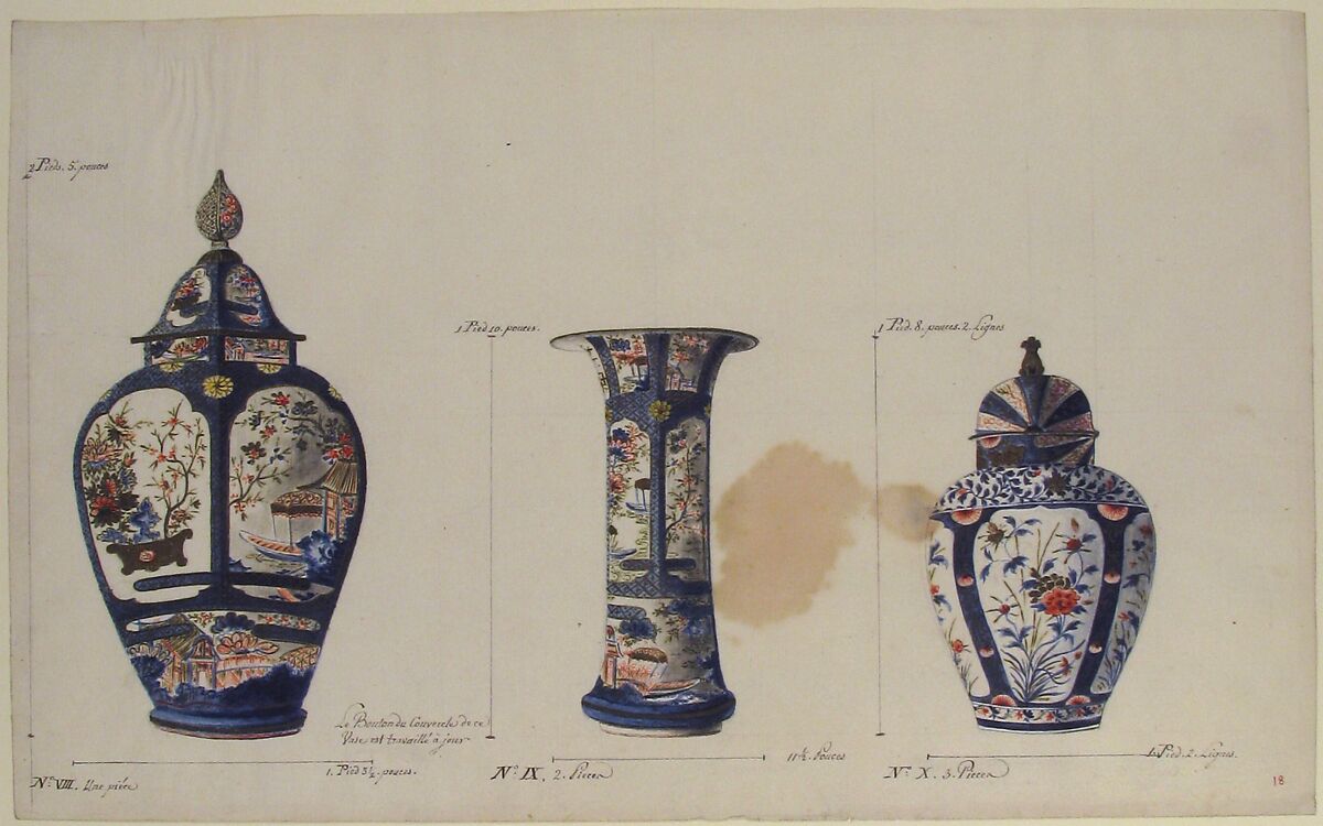 Design for Three Vases, Anonymous, French, 18th century, Pen and brown ink, watercolor, and graphite