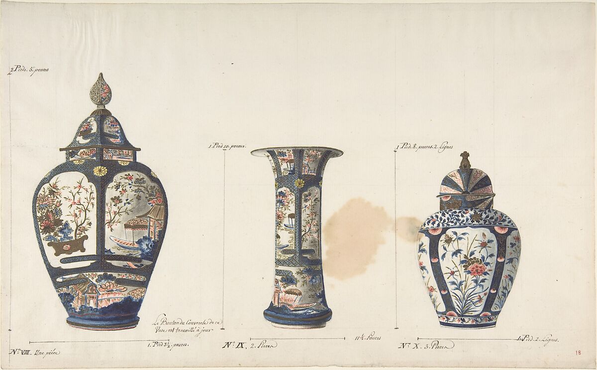 Design for Three Vases, Anonymous, French, 18th century, Pen and brown ink, watercolor, and graphite 