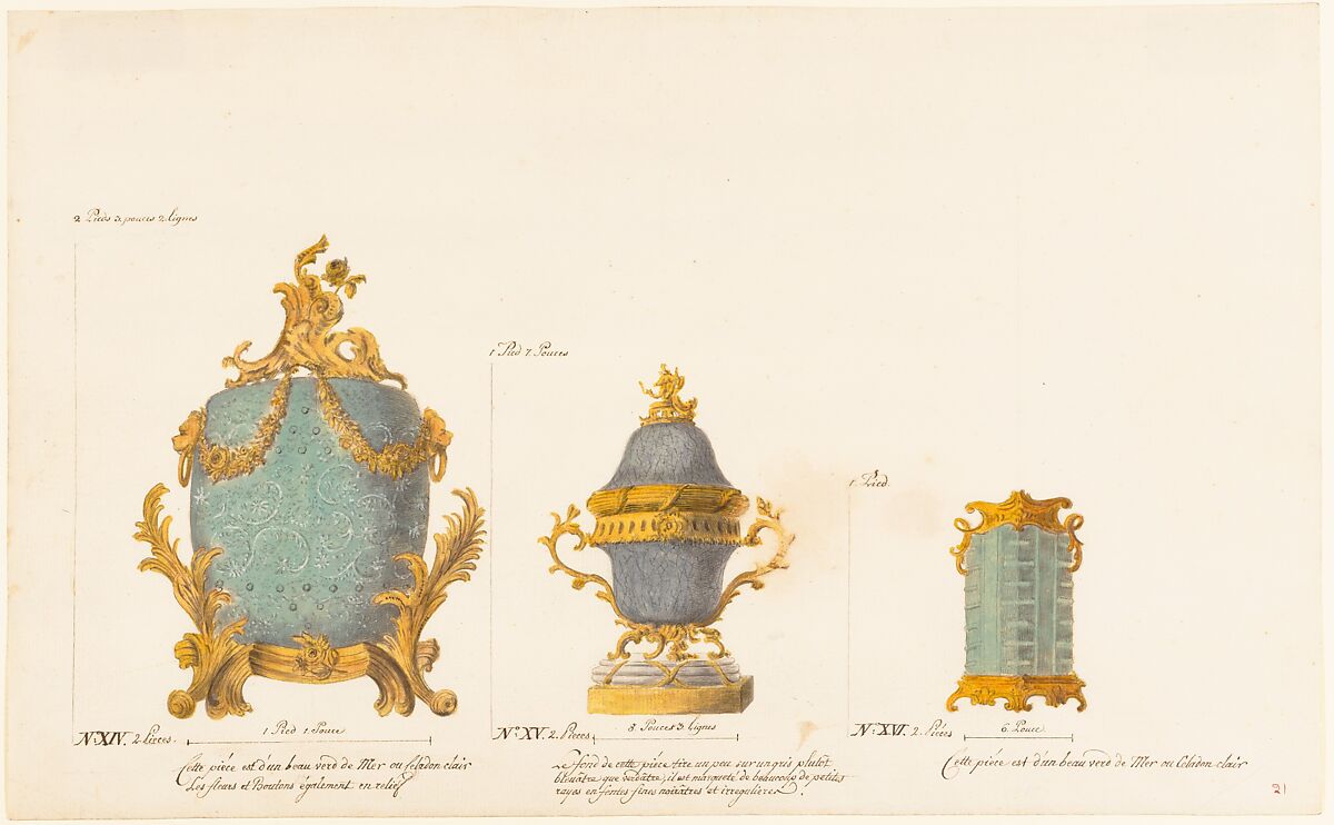 Design for Three Vases, Anonymous, French, 18th century, Pen and brown ink, black chalk, and watercolor