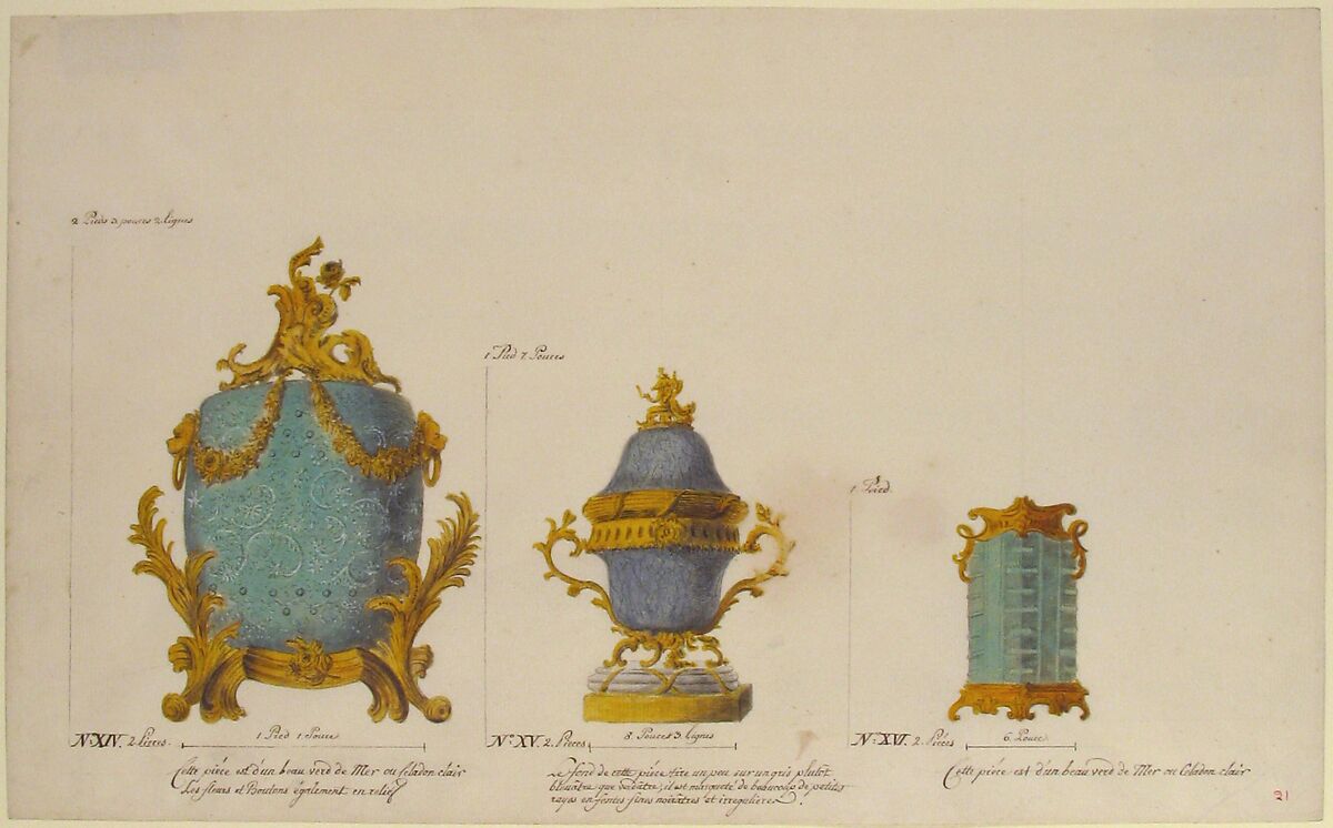 Design for Three Vases, Anonymous, French, 18th century, Pen and brown ink, black chalk, and watercolor