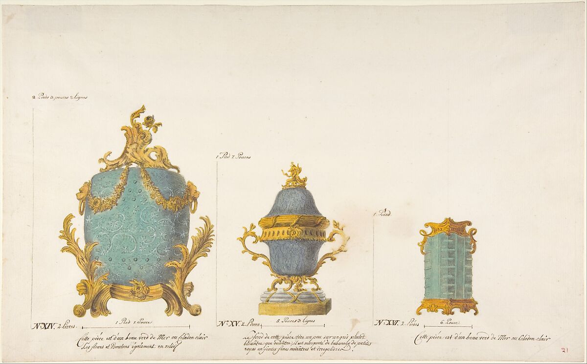 Design for Three Vases, Anonymous, French, 18th century, Pen and brown ink, black chalk, and watercolor 