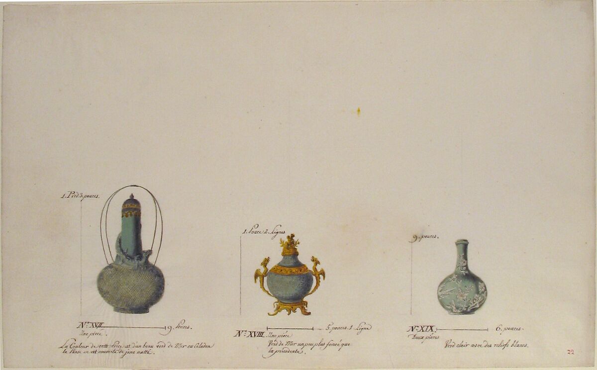 Design for Three Vases, Anonymous, French, 18th century, Pen and brown ink, watercolor