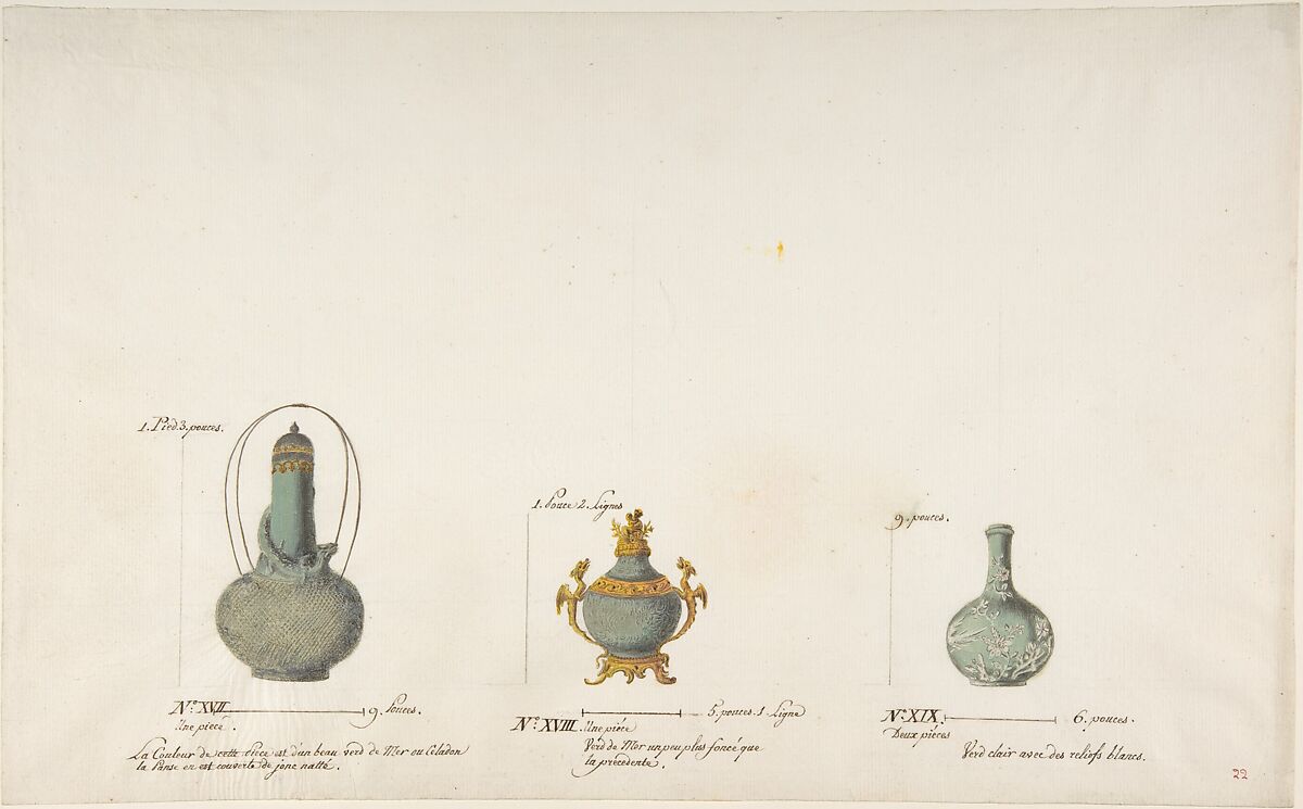 Design for Three Vases, Anonymous, French, 18th century, Pen and brown ink, watercolor 