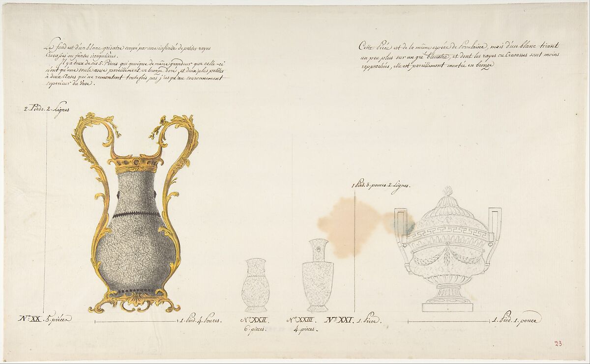 Design for Four Vases, Anonymous, French, 18th century, Pen and brown ink, watercolor, and black chalk 