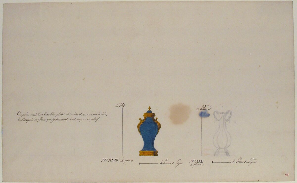 Design for Two Vases, Anonymous, French, 18th century, Pen and brown and gray ink, watercolor, and black chalk