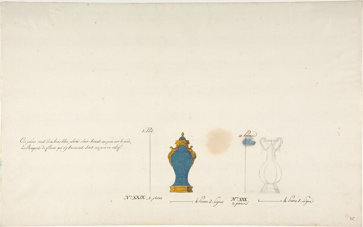 Design for Two Vases, Anonymous, French, 18th century, Pen and brown and gray ink, watercolor, and black chalk 