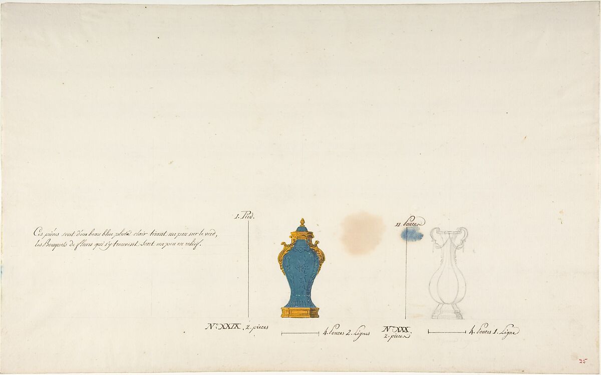 Design for Two Vases, Anonymous, French, 18th century, Pen and brown and gray ink, watercolor, and black chalk