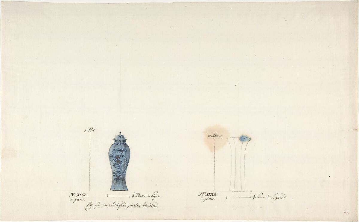 Design for Two Vases, Anonymous, French, 18th century, Pen and brown ink, black chalk, and watercolor 