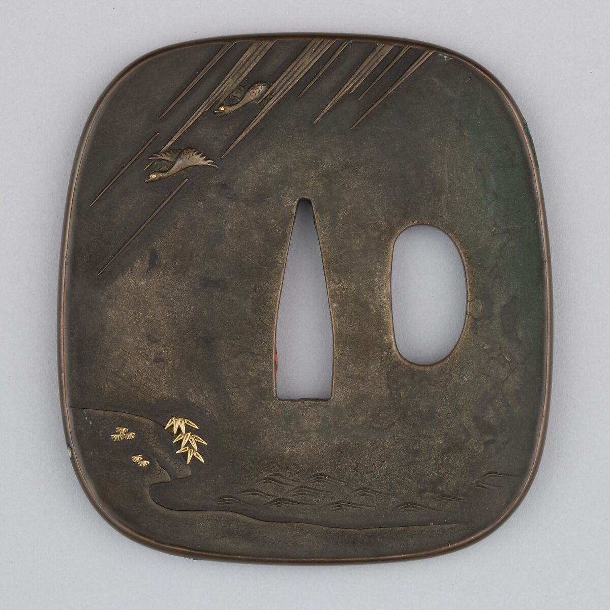 Sword Guard (Tsuba), Copper-silver alloy (shibuichi), gold, copper-gold alloy (shakudō), copper, Japanese