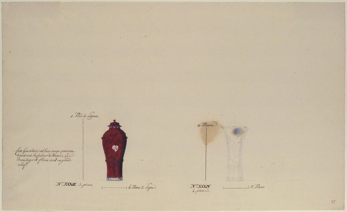 Design for Two Vases, Anonymous, French, 18th century, Pen and brown ink, watercolor, and black chalk