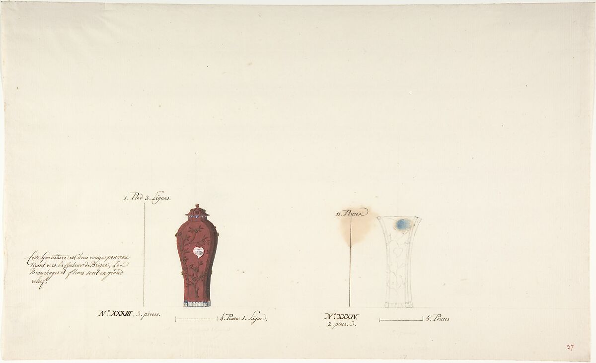 Design for Two Vases, Anonymous, French, 18th century, Pen and brown ink, watercolor, and black chalk 