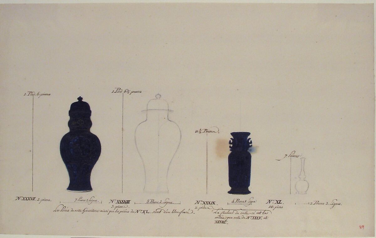 Design for Four Vases, Anonymous, French, 18th century, Pen and brown ink, black chalk, and watercolor