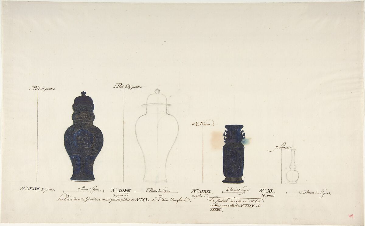 Design for Four Vases, Anonymous, French, 18th century, Pen and brown ink, black chalk, and watercolor 