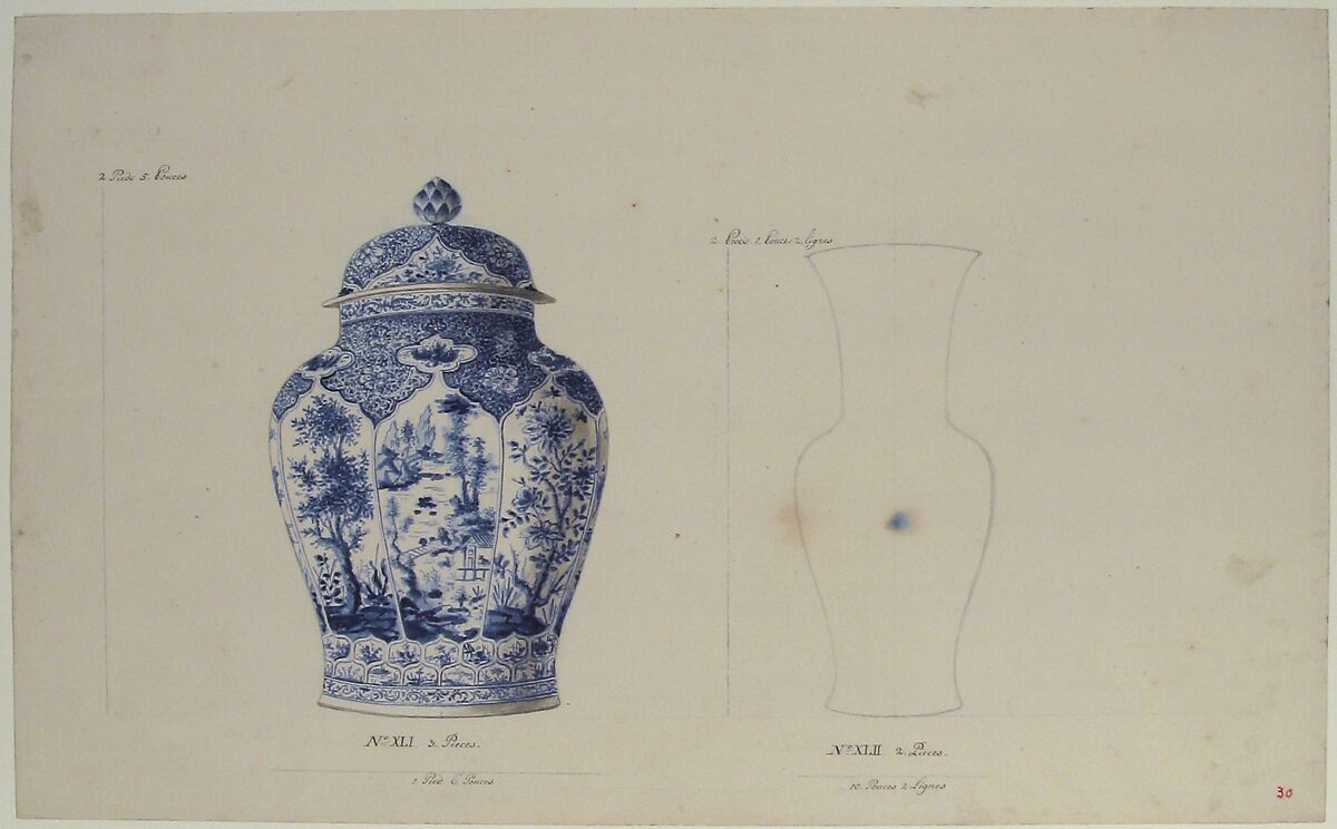 Design for Two Vases, Anonymous, French, 18th century, Pen and brown ink, black chalk, and watercolor
