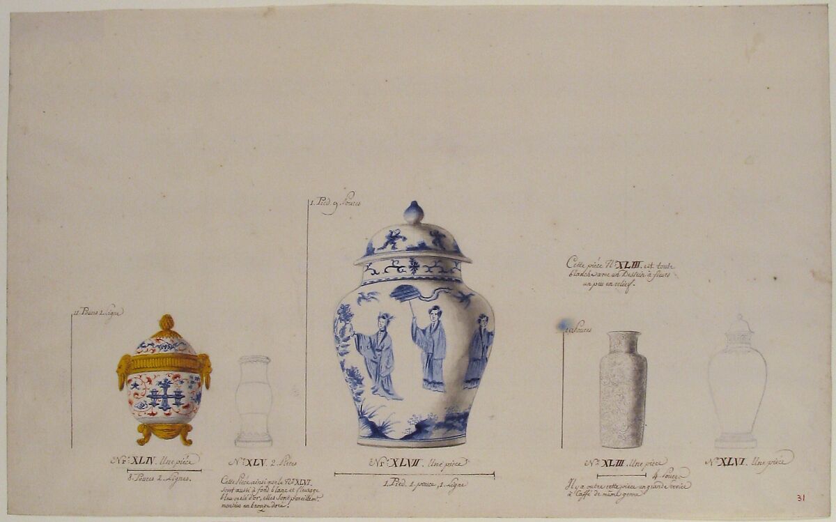 Design for Five Vases, Anonymous, French, 18th century, Pen and gray and brown ink, watercolor, and black chalk