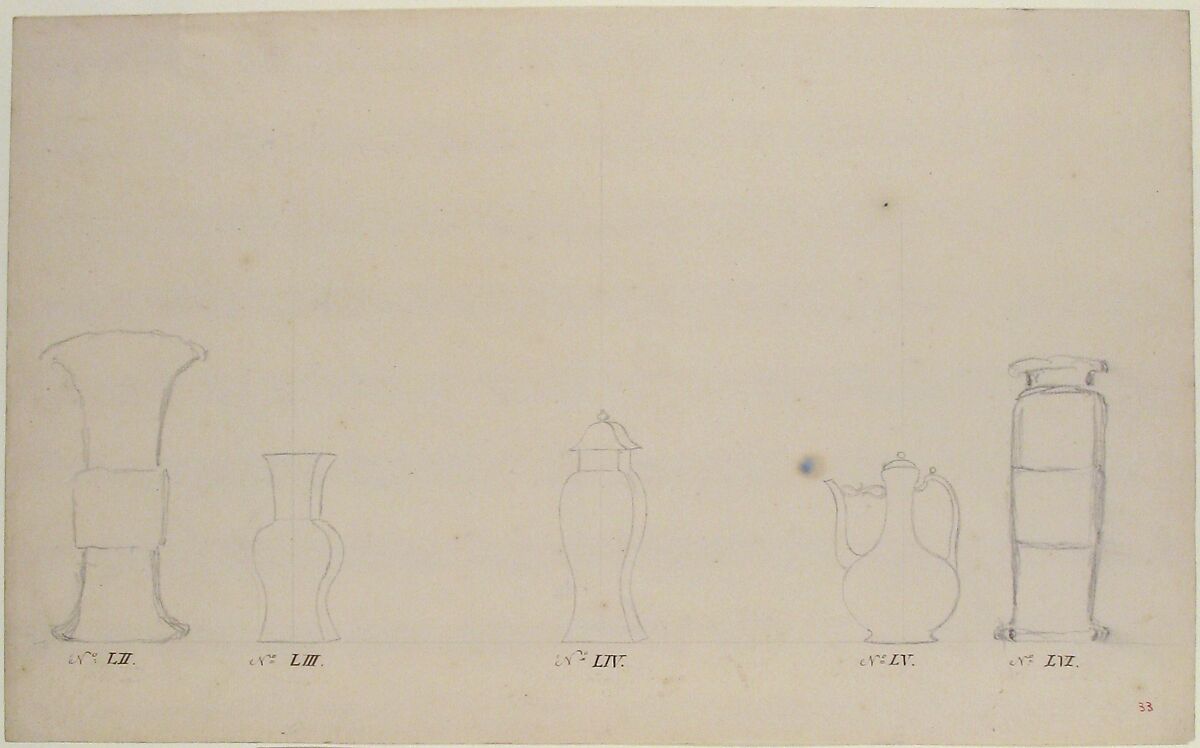 Design for Four Vases and a Teapot, Anonymous, French, 18th century, Pen and brown ink, and black chalk
